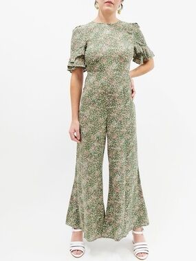 NWT Auguste Ditsy Floral Jumpsuit Green Boho Open Back Wide Leg US 8